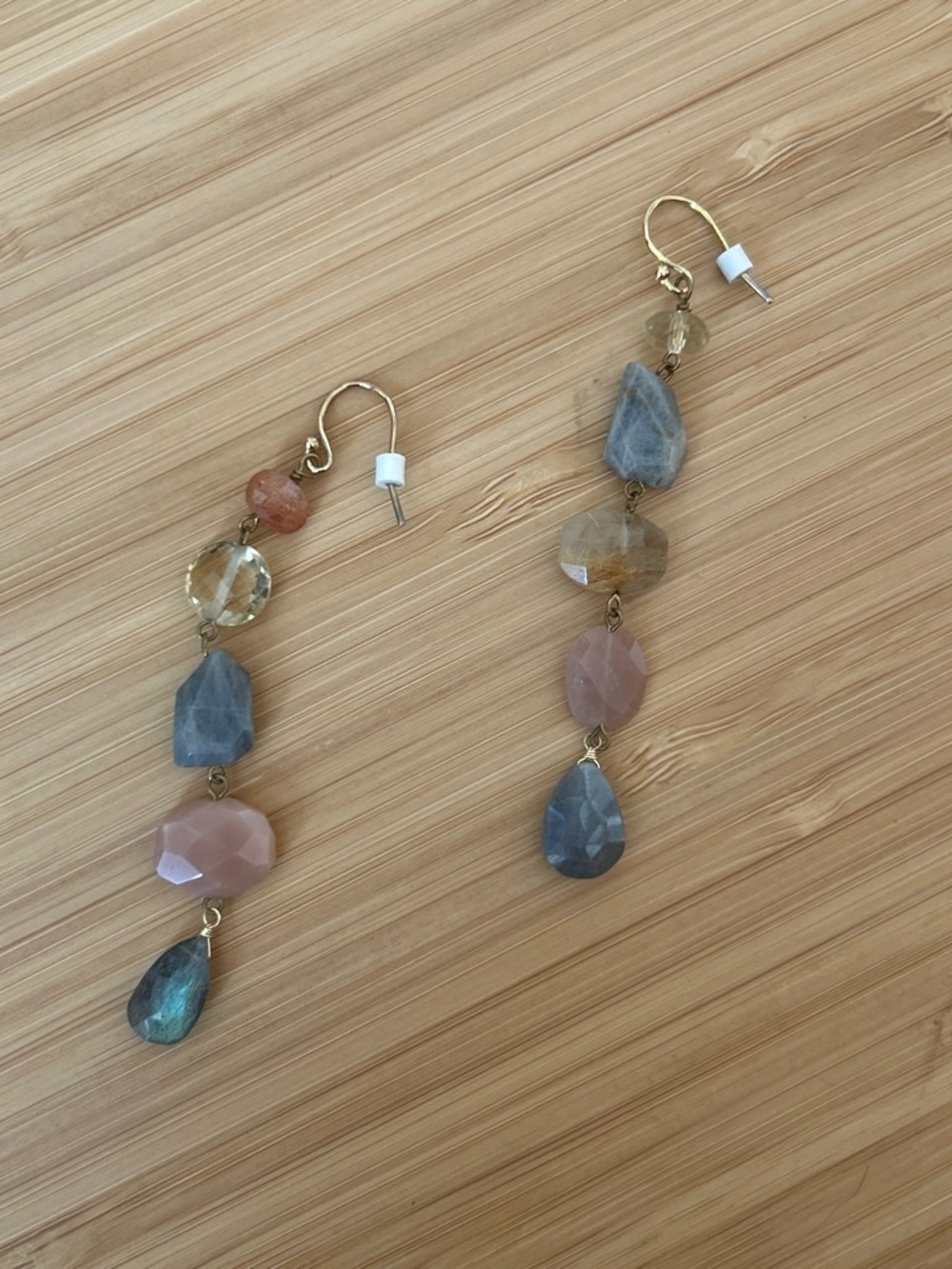 Multi-Gemstone Drop Earrings in Blue, Pink, Gray & Gold